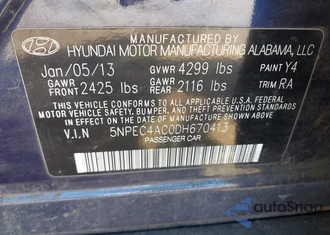 2013 Hyundai Sonata Se z USA, uszkodzony, nr VIN 5NPEC4AC0DH670413